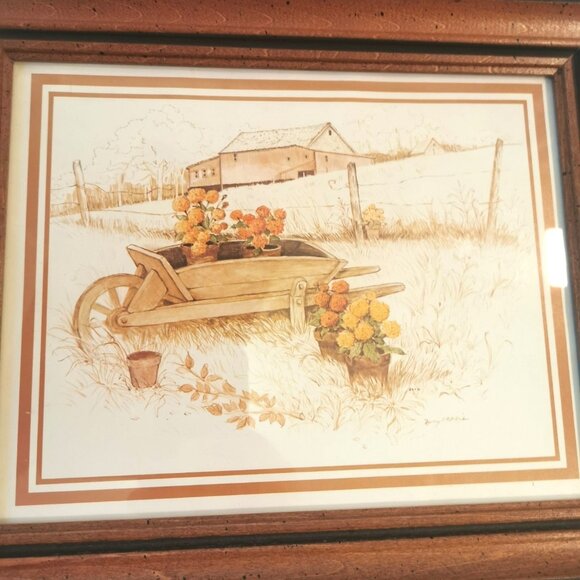 Wesley Hall Framed Wood Prints Set of 2 Wishing Well Wheelbarrow 1970s 12.5x10.5 - Picture 8 of 8